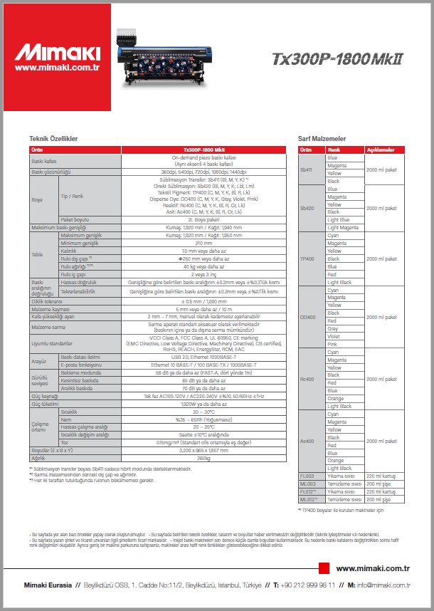 Tx300p 1800 Mkii Hibrit Tekstil Baski Makinesi Mimaki Eurasia