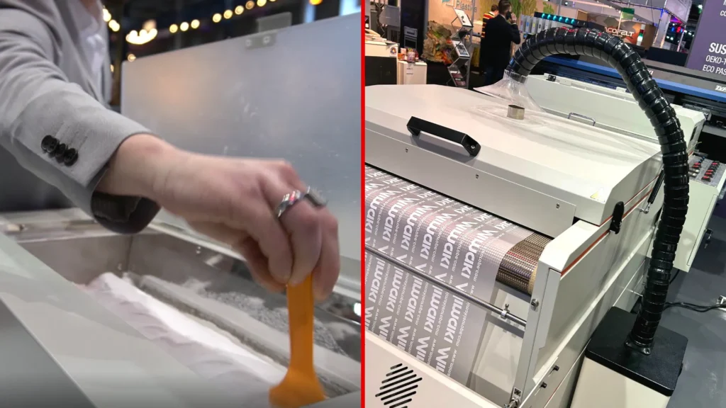 DTF printing process on Mimaki printer showing Direct to Film transfer and powder application