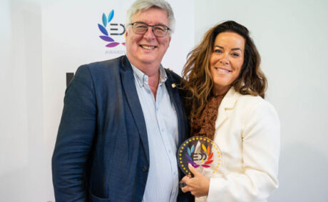 Danna Drion, General Manager Marketing and Product Management at Mimaki Europe, accepting three 2026 EDP Awards on behalf of Mimaki at the FESPA Global Print Expo 2026.