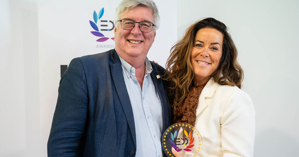 Danna Drion, General Manager Marketing and Product Management at Mimaki Europe, accepting the EDP Awards on behalf of Mimaki at the FESPA Global Print Expo 2026.