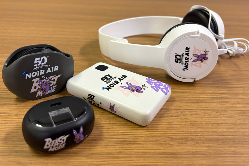 UV-DTF printed electronics example- headphones, earbuds, and power bank